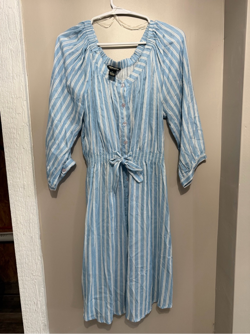 Blue and White Striped Midi Dress with Tie-Waist